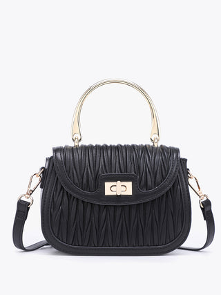 Black vegan textured satchel with gold-tone handles and front clasp