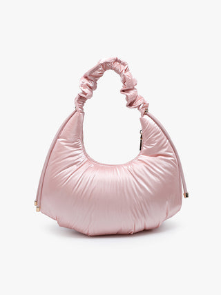 Pale Pink puffy shoulder bag with gathered handle and smooth satin-like finish