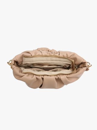Sand ruched shoulder bag interior view with top zipper and fabric lining.