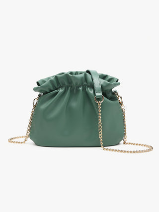 Dark fern green cinched crossbody bag with drawstring top and gold chain strap