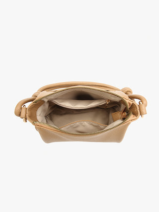 Greige knotted shoulder bag interior view with zip top opening and fabric lining