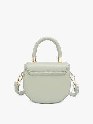 Vegan mini saddle bag in off white with gold-tone top handle and shoulder straps.