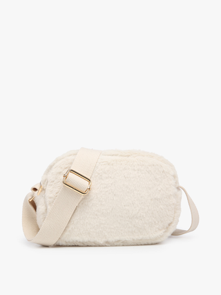 Off-white faux fur mini belt bag with adjustable web strap and gold-tone buckle