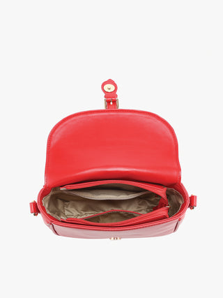Red crossbody bag interior with open top, visible lining, and inner zip pocket