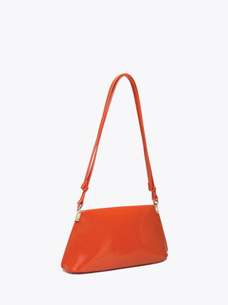 Flame red vegan shoulder bag, glossy slouchy shape with strap ties and hardware
