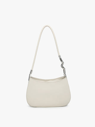 Off-white curved shoulder bag with chain strap and zip top, simple rounded silhouette