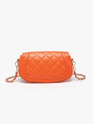 Orange quilted vegan crossbody bag with chain strap and stitched flap front.
