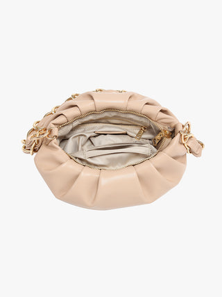 Light beige Tijuana vegan shoulder bag, open interior view with zipper trim