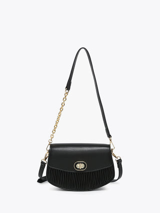 Black textured vegan crossbody with gold chain strap and front flap clasp