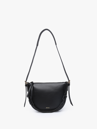 Black vegan chain saddle bag with crossbody strap and side fringe details