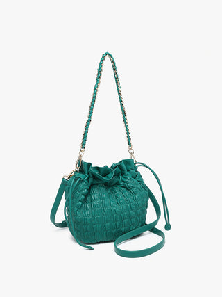 Emerald green ruched bucket bag with braided chain handles and adjustable crossbody strap