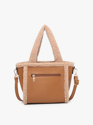 Helsinki vegan sherpa trim satchel, tan/brown front with zip pocket and sherpa edging