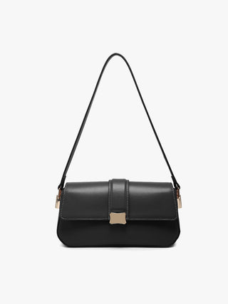Black vegan shoulder bag with flap and center buckle clasp, adjustable strap tabs