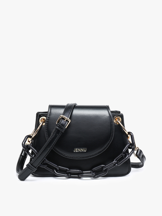 Black vegan chain satchel with front flap, gold logo, and chunky chain crossbody strap