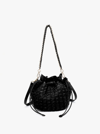 Black ruched vegan bucket bag with braided chain strap and drawstring cord toggles