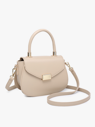 Beige vegan satchel with gold-tone handle hardware, front flap and crossbody strap