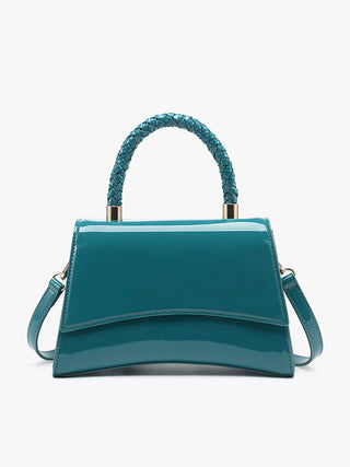 Teal curvilinear crossbody bag with braided top handle and slim shoulder strap