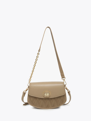 Taupe textured vegan crossbody with gold chain strap and front flap clasp