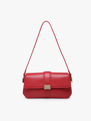 Red vegan shoulder bag with flap and center buckle clasp, long shoulder straps