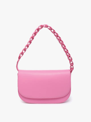Tripoli vegan shoulder bag, bubblegum pink, chain link handle and curved front flap