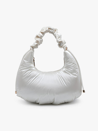 Pearl vegan puffy shoulder bag with ruched top handle and gold zipper details