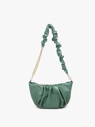 Dark Fern ruched shoulder bag with gold chain strap and cinched top.