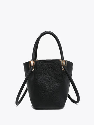 Raleigh Vegan Bucket Bag in Black with top handles and gold hardware