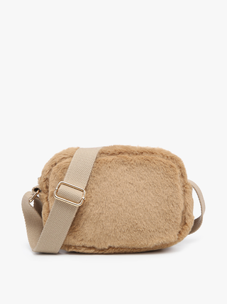 Tan faux fur belt bag with front buckle strap and curved zippered top