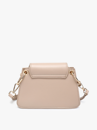 Beige vegan chain satchel with front flap and gold-tone rings, crossbody strap