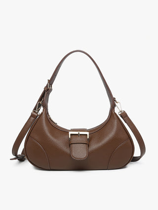 Chocolate brown Madrid vegan buckle shoulder bag with front buckle tab and side straps