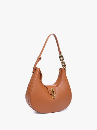 Hobo shoulder bag with twist-lock detail and chain strap, warm tan color