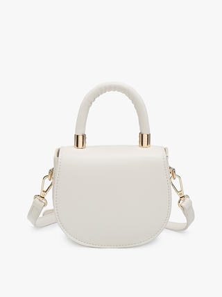 Vegan mini saddle bag in off white with gold-tone top handle and side strap hardware.