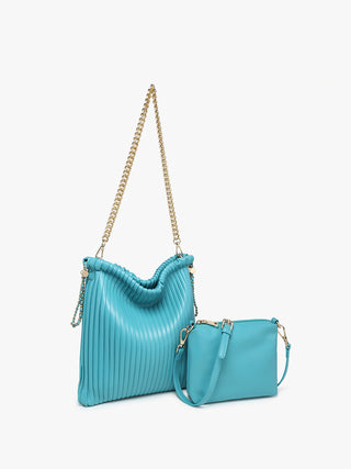 Aqua pleated bucket bag with gold chain strap and matching mini crossbody bag