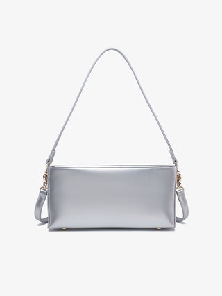 Silver shoulder bag with short handles and gold-tone chain accents, front.