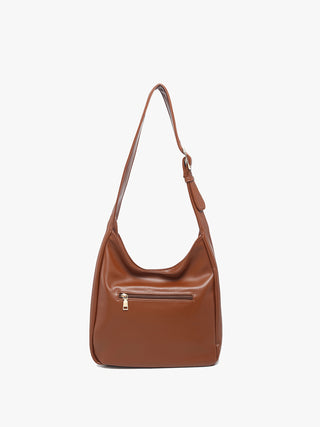 Brown vegan hobo bag with front zip pocket and curved open neckline