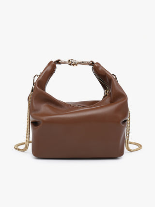 Chocolate brown mini hobo satchel with gold chain handle and twin side zipper details