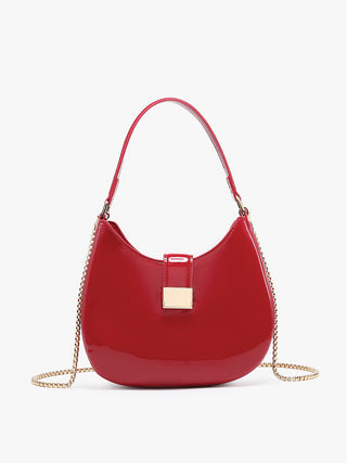 Wine red high-gloss crossbody bag with gold chain strap and square front clasp