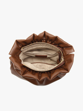 Open chocolate brown cinched crossbody bag: top cinch, gold zipper and inner pocket