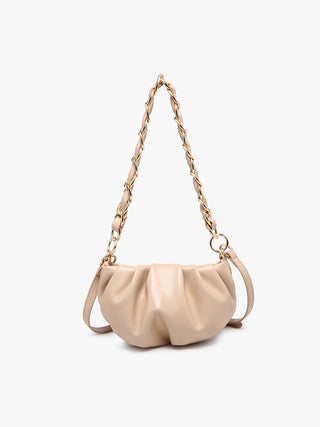 Light beige gathered shoulder bag with braided chain straps and side pull tabs