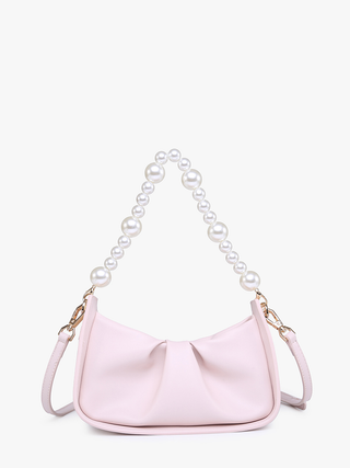 Light pink Ibiza vegan pearl shoulder bag with pearl handle and curved silhouette.