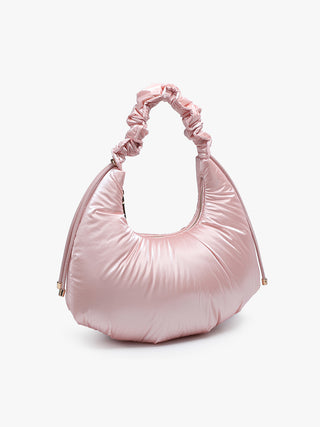 Pale Pink vegan puffy shoulder bag with ruched handle, U-shaped opening, gold zipper ends
