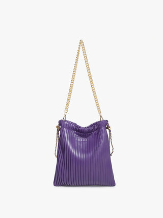 Purple pleated bucket bag with gold chain strap and drawstring-style top
