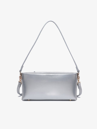 Silver shoulder bag with chain detail and top handles, front view.