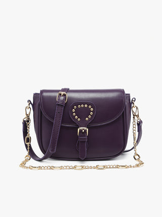 Dark Purple vegan crossbody bag with studded heart emblem on front flap and chain strap