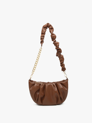 Chocolate ruched shoulder bag with gold chain strap and gathered top.
