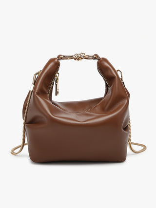 Belfast vegan mini satchel in chocolate brown with gold chain top handle and shoulder strap