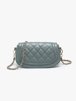 Aquamarine quilted vegan crossbody bag with chain strap and flap front pocket.
