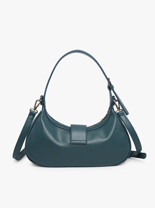 Steel blue Madrid vegan shoulder bag with front buckle tab and curved hobo silhouette