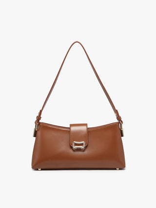 Caracas vegan shoulder bag, Brown color, gold buckle clasp on front