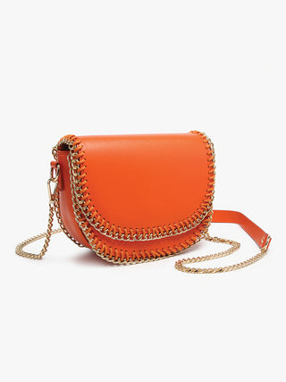 Orange crossbody with front flap, chain-link trim, gold-tone hardware and shoulder chain